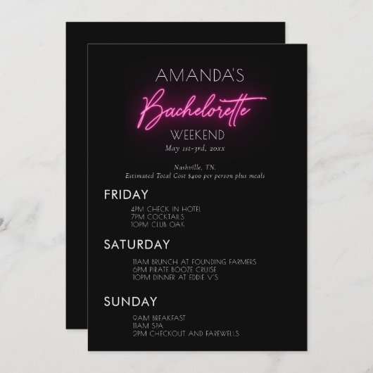 Neon Pink Bachelorette Weekend Itinerary Kaart (Voorkant / Achterkant)