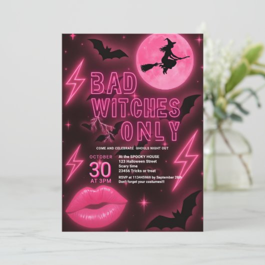 Neon Pink Bad Witches Halloween Girls Night Out Kaart (Staand voorkant)