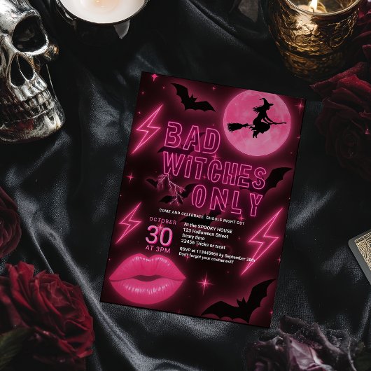 Neon Pink Bad Witches Halloween Girls Night Out Kaart
