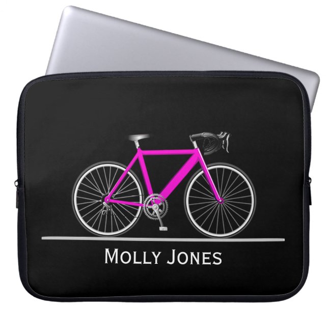 Neon Pink Bike met naam op zwart Laptop Sleeve (Voorkant)