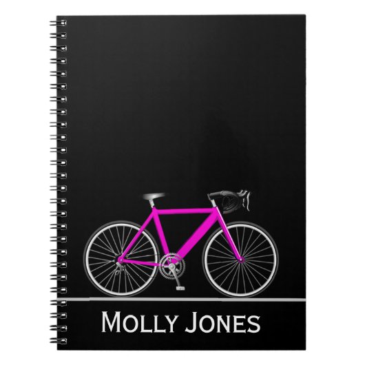 Neon Pink Bike met naam op zwart Notitieboek (Voorkant)