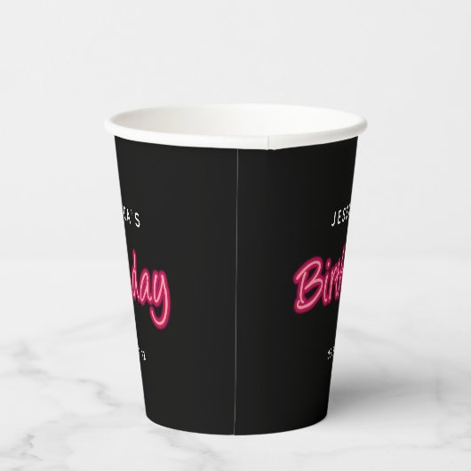 Neon Pink & Black Birthday Party Girl Papieren Bekers (Rechts)