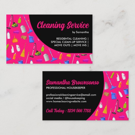 Neon Pink Black Modern House Cleaning Service Visitekaartje (Voorkant / Achterkant)