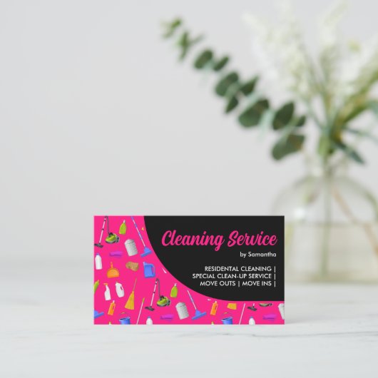 Neon Pink Black Modern House Cleaning Service Visitekaartje (Staand voorkant)