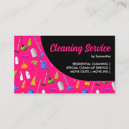 Neon Pink Black Modern House Cleaning Service Visitekaartje (Voorkant)