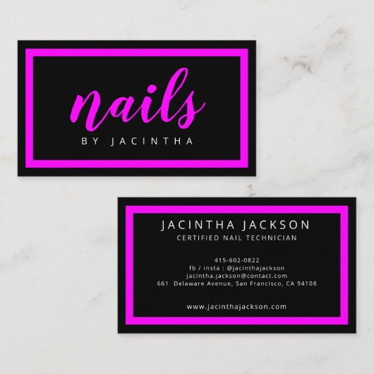 Neon Pink Black Nail-technicus Salon Retro Aangepa Visitekaartje (Voorkant / Achterkant)