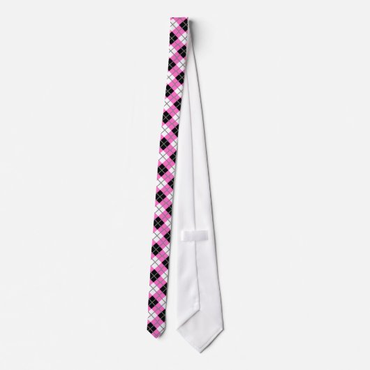 Neon Pink, Black, White en Grey Argyle Print Strop Stropdas (Achterkant)