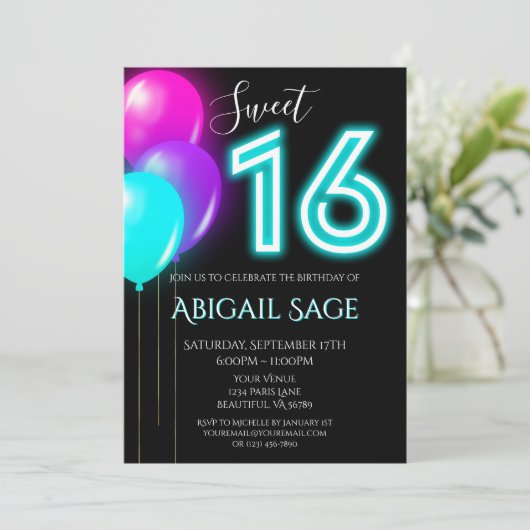 Neon Pink, Blauw, Paarse Sweet Sixteen-ballonnen Kaart (Staand voorkant)