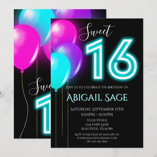 Neon Pink, Blauw, Paarse Sweet Sixteen-ballonnen Kaart (Voorkant / Achterkant)