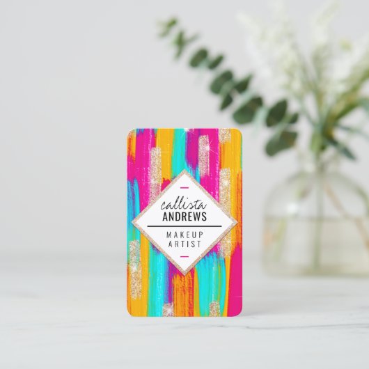 Neon Pink Blauwgroen Geel Glitter Paint Makeup Visitekaartje (Staand voorkant)