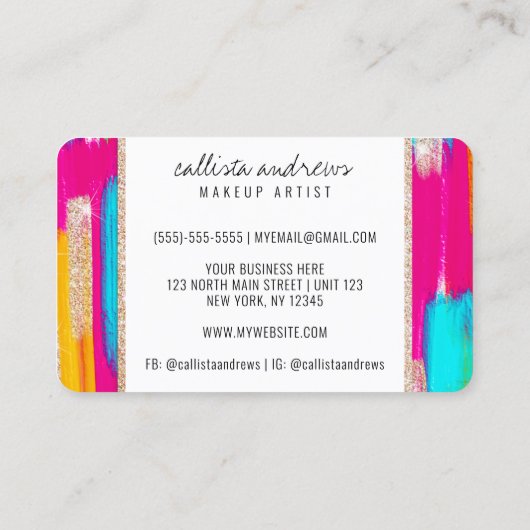 Neon Pink Blauwgroen Geel Glitter Paint Makeup Visitekaartje (Achterkant)