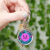 Neon Pink Blue Tropical Plant Patroon op maat Sleutelhanger (Hand)