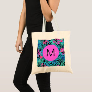 Neon Pink Blue Tropical Plant Patroon op maat Tote Bag