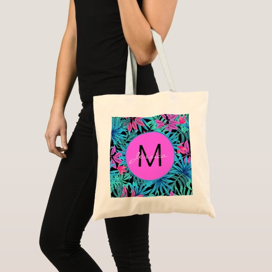 Neon Pink Blue Tropical Plant Patroon op maat Tote Bag (Voorkant (product))