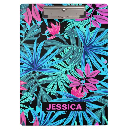 Neon Pink Blue Tropical Plant Pattern Personalised Klembord (Voorkant)