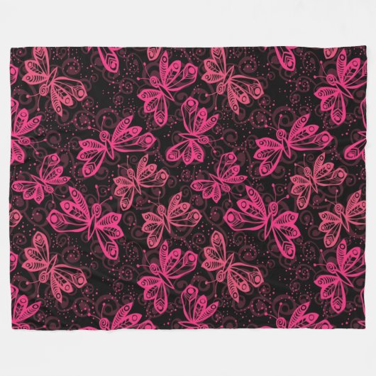 Neon Pink Buttflies Fleece Deken (Voorkant (Horizontaal))
