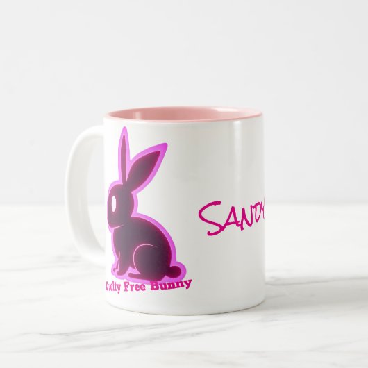 Neon Pink Cruelty-Free Bunny Bewerkbare tekst Tweekleurige Koffiemok (Voorkant links)
