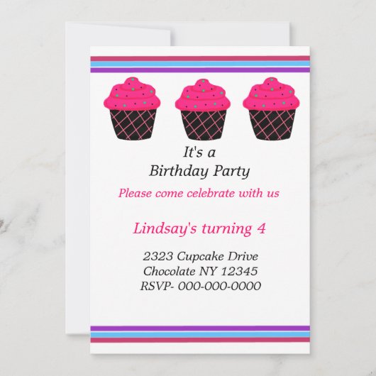 Neon Pink Cupcakes Birthday Party Invitation Kaart (Voorkant)