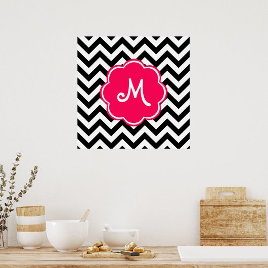 Neon Pink Custom Monogram met Chevron Pattern Poster (Keuken)