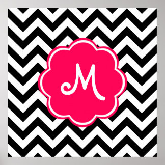 Neon Pink Custom Monogram met Chevron Pattern Poster