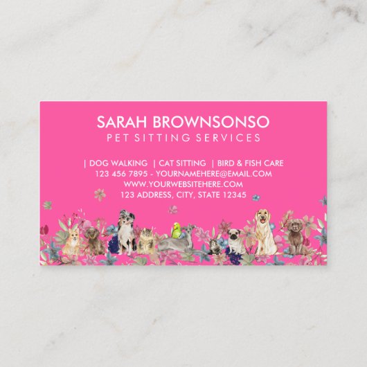 Neon Pink Dog Cat Bird Hotel Sofa Pet Sitting Visitekaartje (Achterkant)