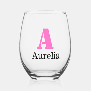 Neon Pink Elegant Initiaal Zwart Naam Modern Wijnglas Zonder Voet