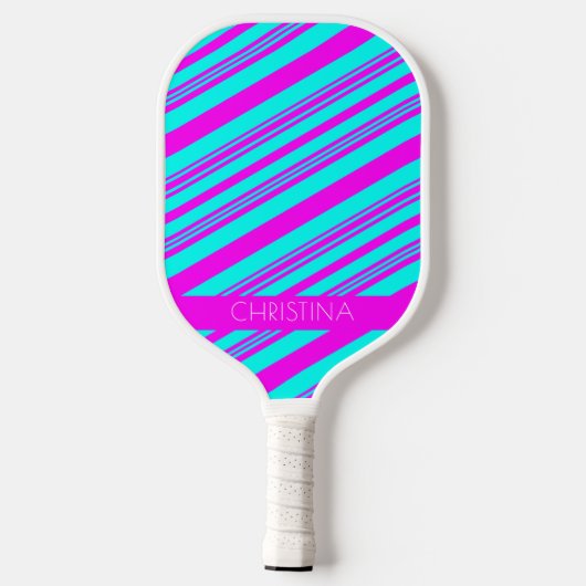 Neon Pink en Blue Stripes Trendy Stylish Name Pickleball Paddle (Achterkant)