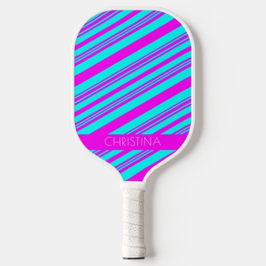 Neon Pink en Blue Stripes Trendy Stylish Name Pickleball Paddle (Voorkant)