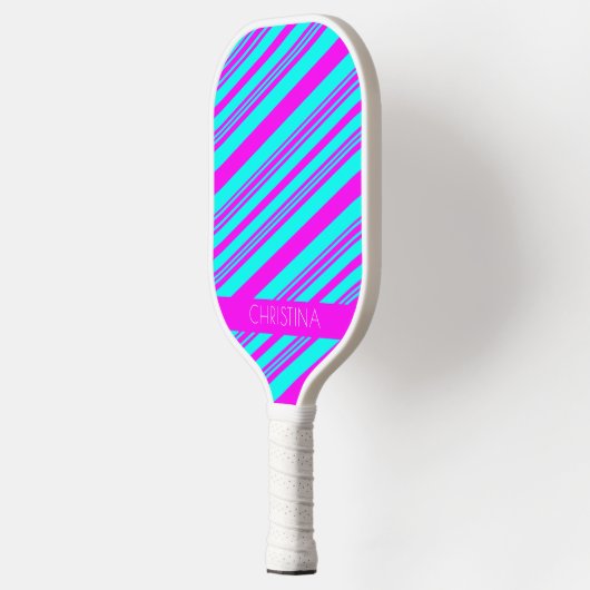 Neon Pink en Blue Stripes Trendy Stylish Name Pickleball Paddle (Links)