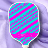 Neon Pink en Blue Stripes Trendy Stylish Name Pickleball Paddle
