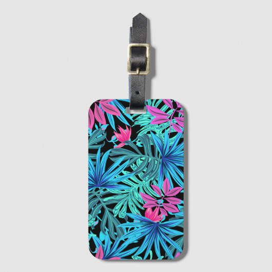 Neon Pink en Blue Tropical Plant Pattern Bagagelabel (Voorkant (verticaal))
