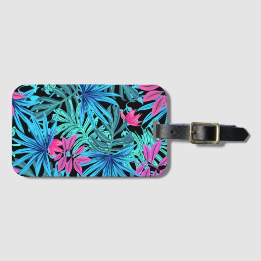 Neon Pink en Blue Tropical Plant Pattern Bagagelabel (Voorkant (horizontaal))