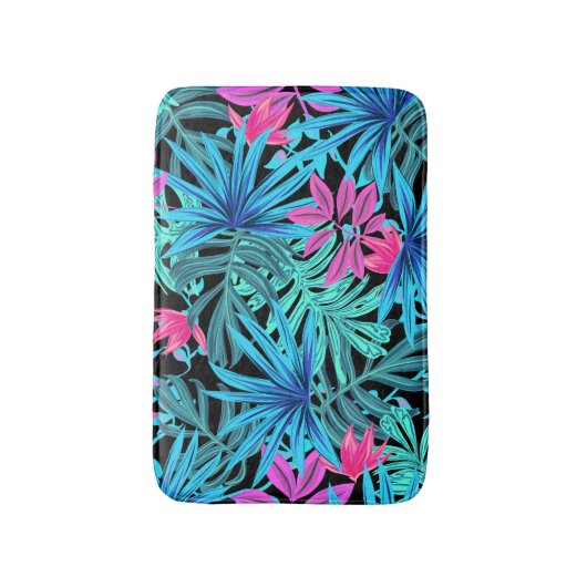 Neon Pink en Blue Tropical Plant Pattern Bath Mat (Voorkant Verticaal)