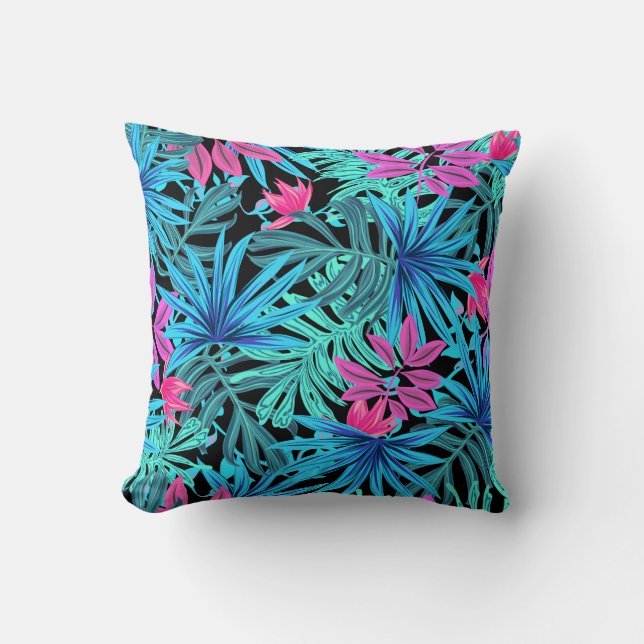 Neon Pink en Blue Tropical Plant Pattern Kussen (Voorkant)