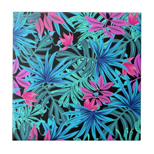 Neon Pink en Blue Tropical Plant Pattern Tegeltje (Voorkant)