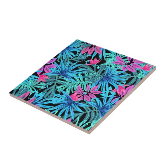 Neon Pink en Blue Tropical Plant Pattern Tegeltje (Zijkant)