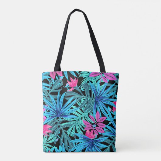 Neon Pink en Blue Tropical Plant Pattern Tote Bag (Achterkant)