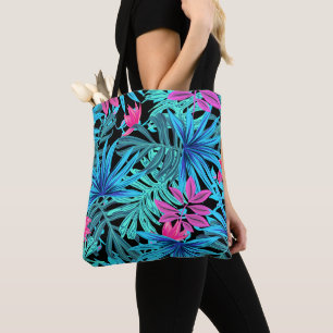 Neon Pink en Blue Tropical Plant Pattern Tote Bag