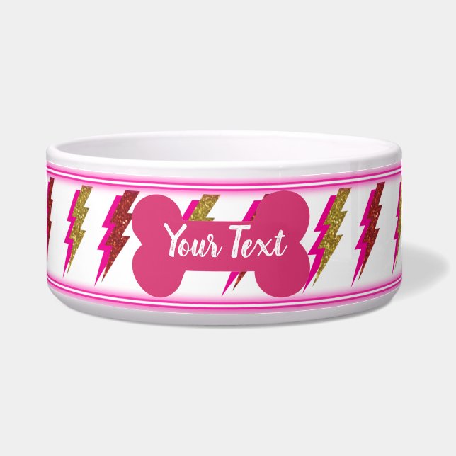Neon Pink en Gold Lightning Bold Glitter Pet Bowl Voerbakje (Voorkant)