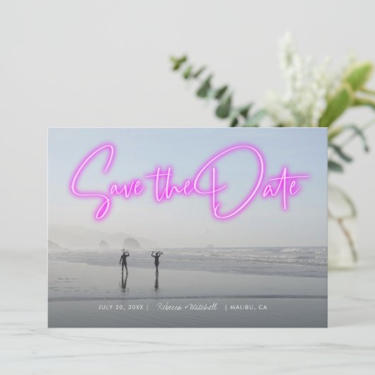 Neon Pink Foto opslaan Datum Save The Date (Staand voorkant)