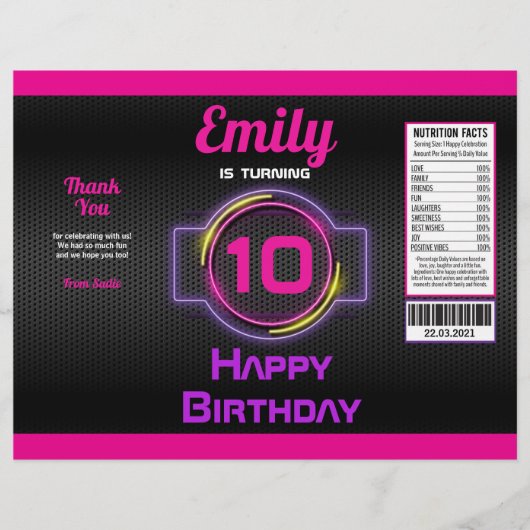 Neon Pink Girl Birthday Party Chip Bag Wrapper Flyer (Voorkant)