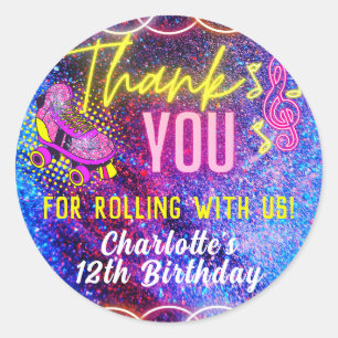 Neon Pink Girl's Roller Skating Party Dank u Ronde Sticker