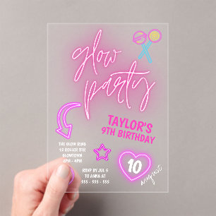 Neon Pink Glow Party Verjaardag Acryl Uitnodigingen