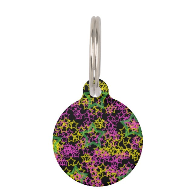 Neon Pink Green en Yellow Stars Pattern Huisdierpenning (Voorkant)