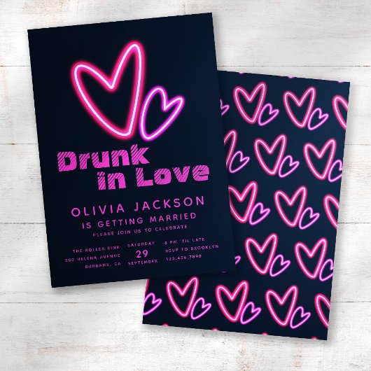 Neon Pink Hearts Drink in Love Vrijgezellenfeest Kaart