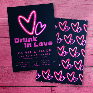 Neon Pink Hearts Drink in Love Wedding Shower Kaart
