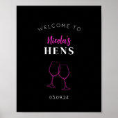 Neon Pink Hens Party Wine Welkomstbord Poster (Voorkant)