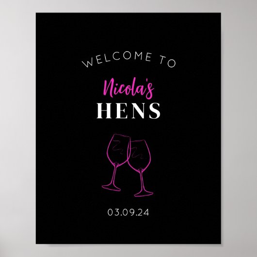 Neon Pink Hens Party Wine Welkomstbord Poster (Voorkant)