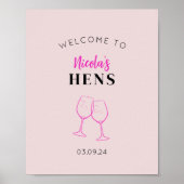 Neon Pink Hens Party Wine Welkomstbord Poster (Voorkant)
