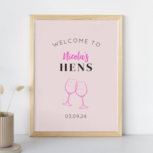 Neon Pink Hens Party Wine Welkomstbord Poster
